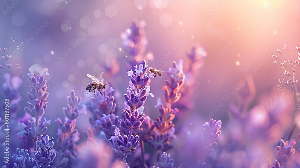 delicate lavender background, spring flowers and bees in purple soft colors