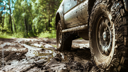 Off-road wheels, car driving off-road in the forest, close-up on mud wheels