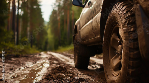 Off-road wheels, car driving off-road in the forest, close-up on mud wheels