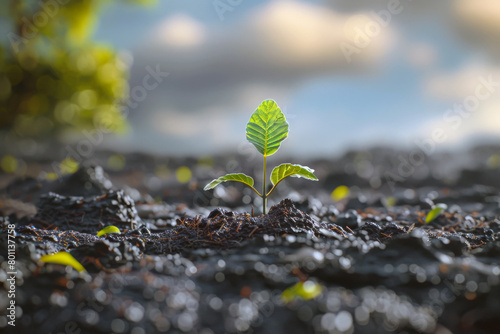 Green seedling growing on black volcanic soil with blue sky background. photo