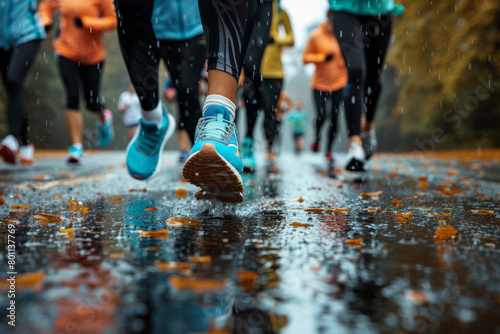 Marathon running race, people feet on wet asphalt road in rain