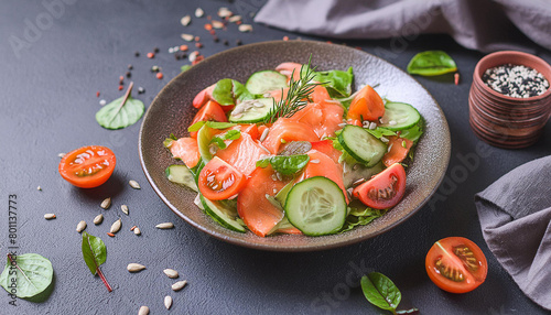 Delicious juicy salad with salmon tomatoes cucucmber herbs salt and spices photo