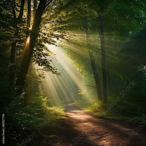 Majestic Sun Rays Piercing Through the Verdant Canopy of a Tranquil Forest