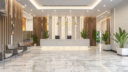 photo of luxury reception in hotel with beautiful tables, plants and lamps