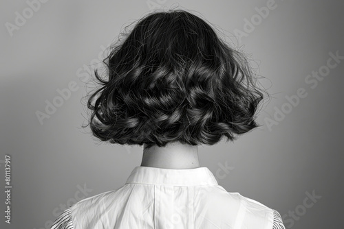Black and white portrait of a young woman with short curly hair. Studio photo. Beauty salon.