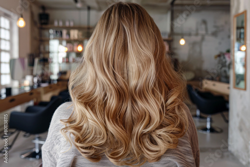 Back view of a woman with long blonde wavy hair in a hairdressing salon.