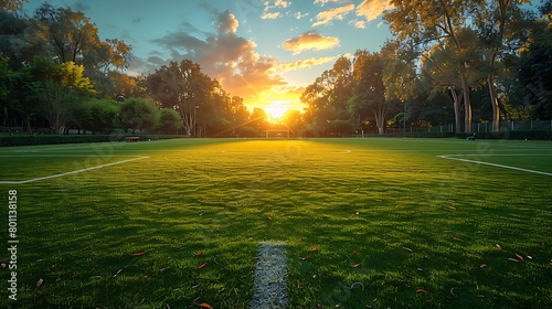 A soccer field with trees and a sunset in the background. photo