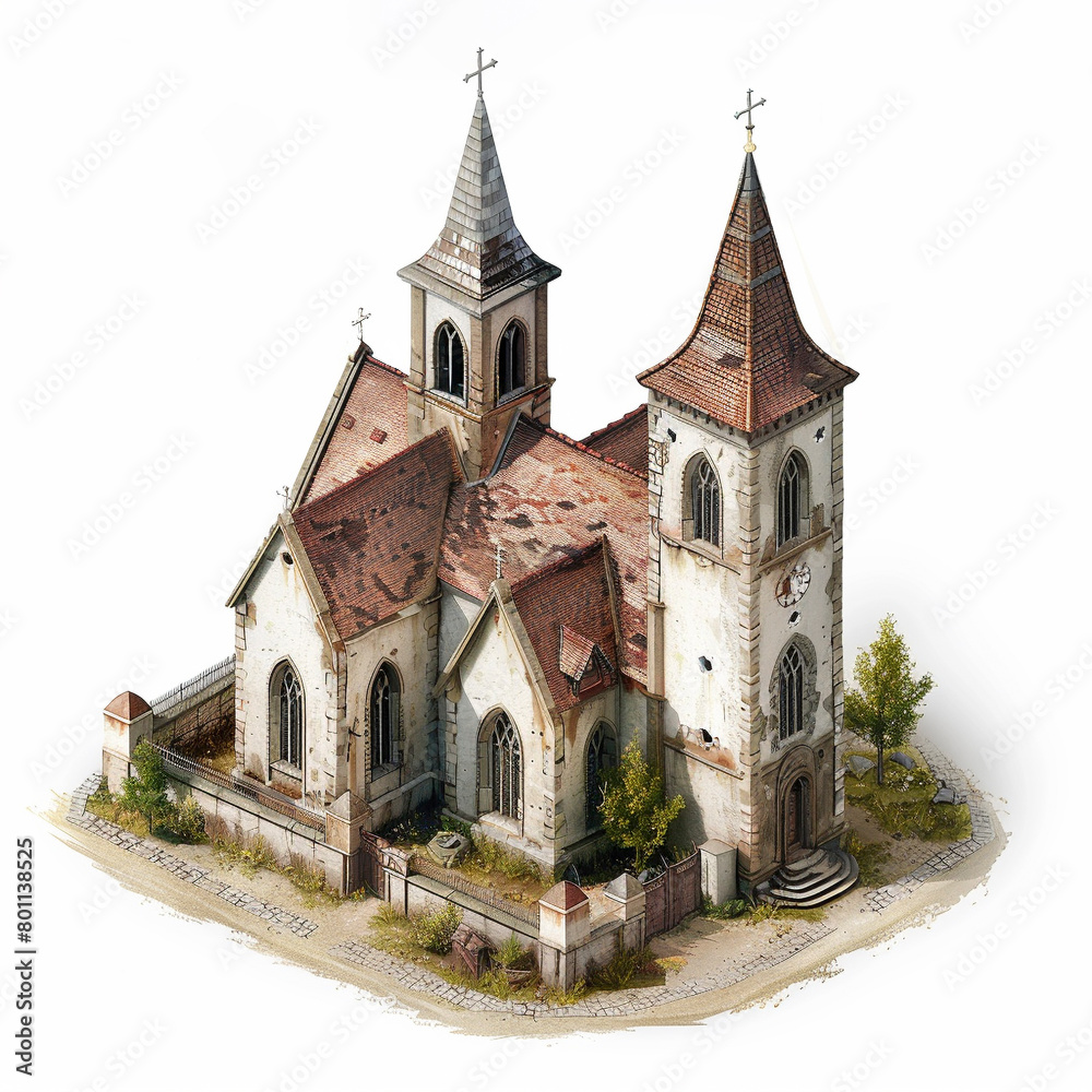 Isometric view of Medieval church, white background --style raw --stylize 200 Job ID: 8ecc5d47-99df-49c5-8de9-936426f47875