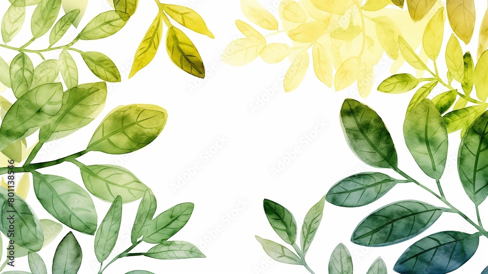 Green yellow gradation, plant leaves, bay leaves, hand-painted watercolor illustrations