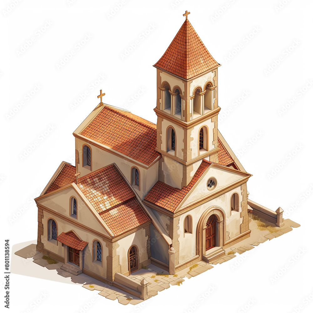 Isometric view of Medieval church, white background --style raw --stylize 200 Job ID: 8bbbb932-5398-4aed-9c0d-9b71426320ab