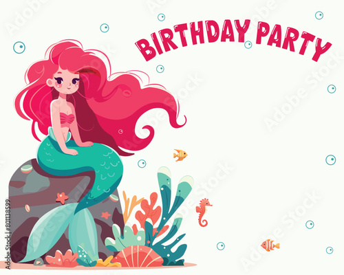 Colorful Happy birthday greeting card with cute and modest mermaid sitting on the stone with seaweed. Vector Illustration