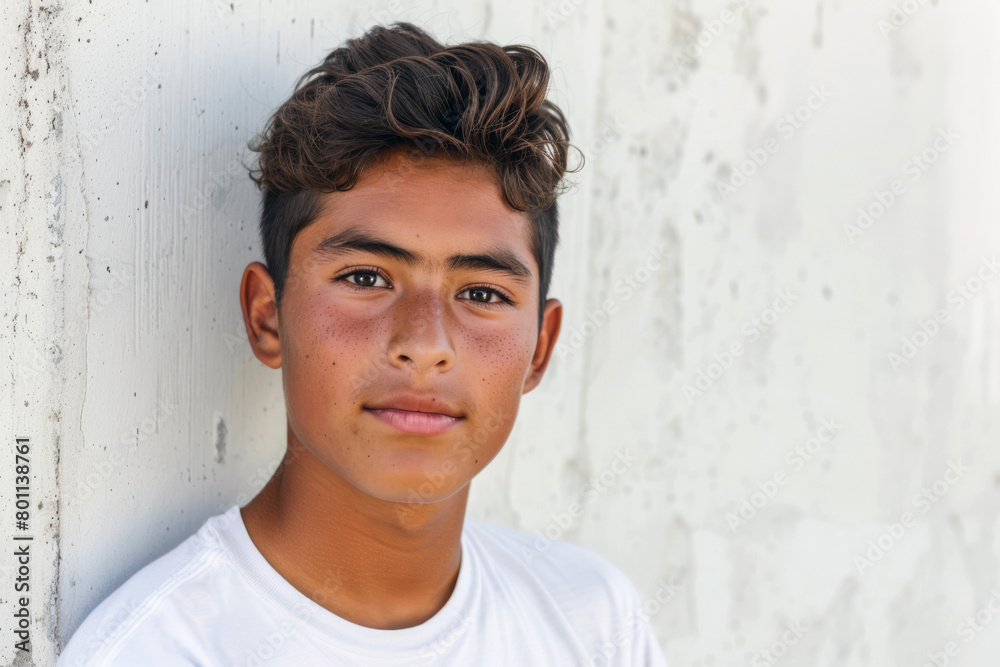 Portrait of a young handsome Latino teenage boy wearing a white t-shirt against a gray concrete wall. Portrait of a young handsome Latino teenage boy wearing a white t-shirt against a gray concrete wall.