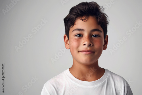 Portrait of a young handsome Latino teenager in a white t-shirt against a gray wall.