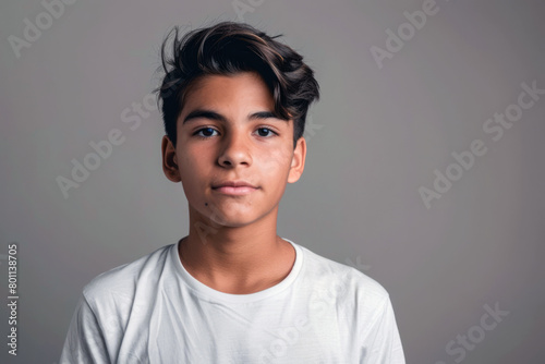 Portrait of a young handsome Latino teenager in a white t-shirt against a gray wall. photo