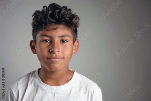 Portrait of a young handsome Latino teenager in a white t-shirt against a gray wall.