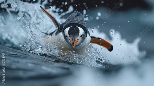   A tight shot of a penguin flinging water over its back while lifting its head above the surface photo