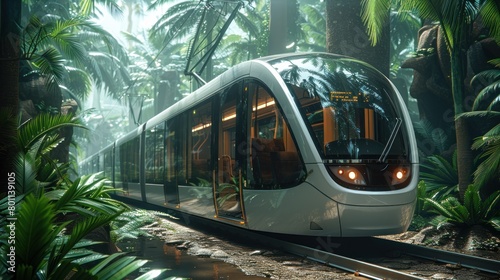 Futuristic tram moving in a jungle scene