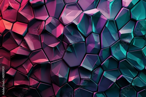 Abstract background featuring black  burgundy  red  purple  blue  green  and teal hues  with a 3D effect. Geometric shapes  polygonal design  and metallic sheen create a gradient from dark to light