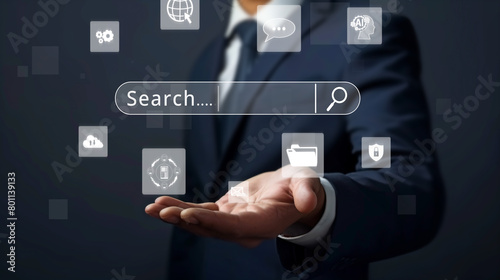 Business person conducts search engine research, extracting valuable data for strategic decisions. Utilizing search engines for comprehensive research and SEO data analysis. FaaS