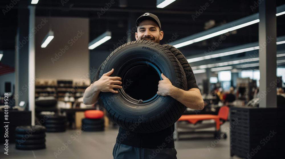 Smiling Mechanic Holding New Tire in Modern Automotive Workshop Smiling Mechanic Holding New Tire in Modern Automotive Workshop