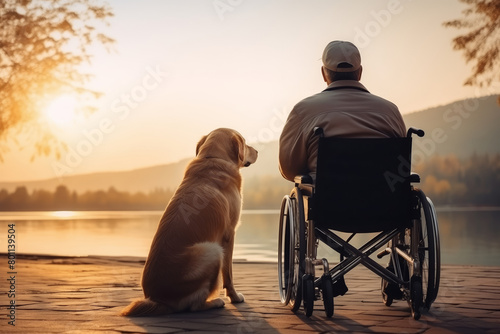 Lonely sad senior human in wheelchair with pet dog walking outdoors. Concept loneliness elderly, friendship people and animal. © Adin