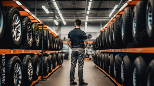 Professional Mechanic Evaluating Tire Selection in Automotive Shop © Adin