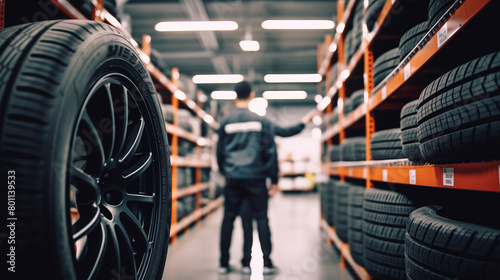 Automotive Expert Selecting Tires in Warehouse Inventory © Adin