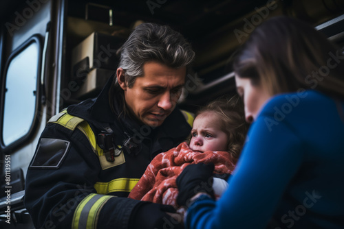 Comforting Firefighter with Young Child and Mother After Rescue