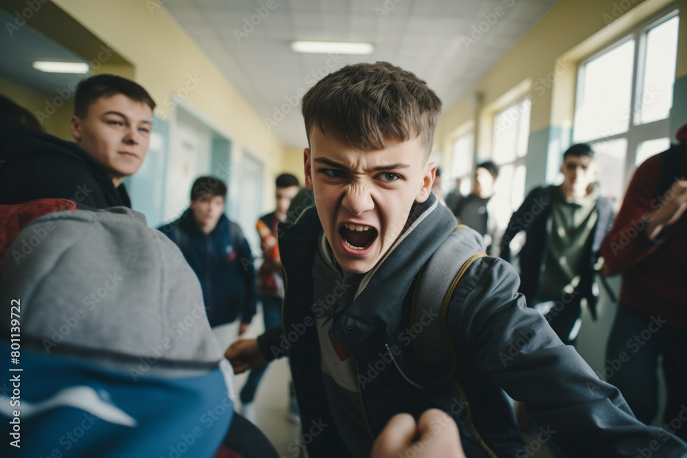 Teenage Boy Expressing Anger in School Hallway Among Peers Teenage Boy Expressing Anger in School Hallway Among Peers