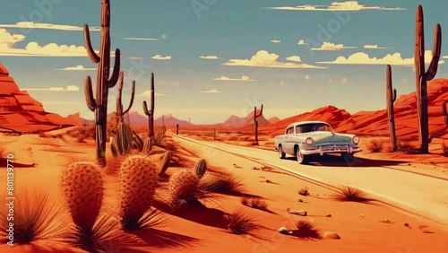 A retro car driving along a desert highway, with cacti and tumbleweeds passing by, 2D anime style, Lofi 4k High-Quality anime-style animation video photo