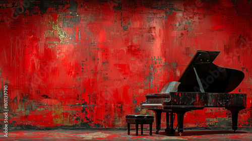   A grand piano before a red wall Chair and stool in front photo