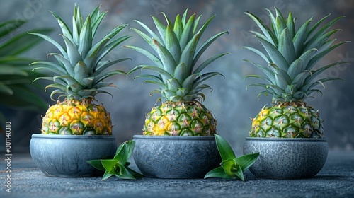   Three potted pineapples stacked atop one another, before a full planter of emergent foliage photo