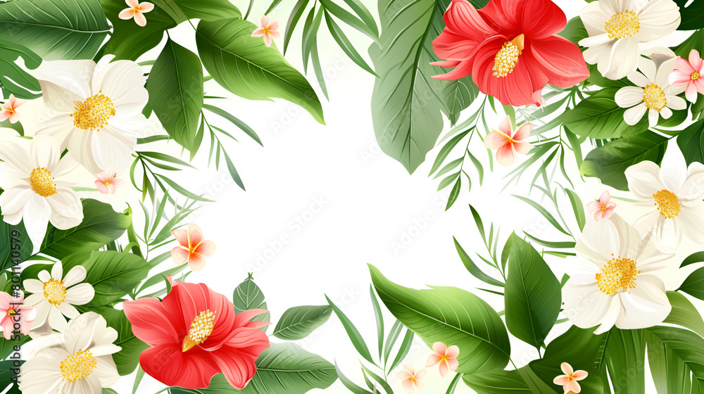 Floral border frame card template. multicolor flowers, leaves, for banner, wedding card, Tropical background with palm leaves and hibiscus flowers, Invitation card for a beach wedding, summer banner