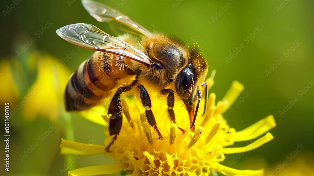 Honey bee collecting pollen on a yellow flower. Summer and spring backgrounds Honey bee collecting pollen on a yellow flower. Summer and spring backgrounds