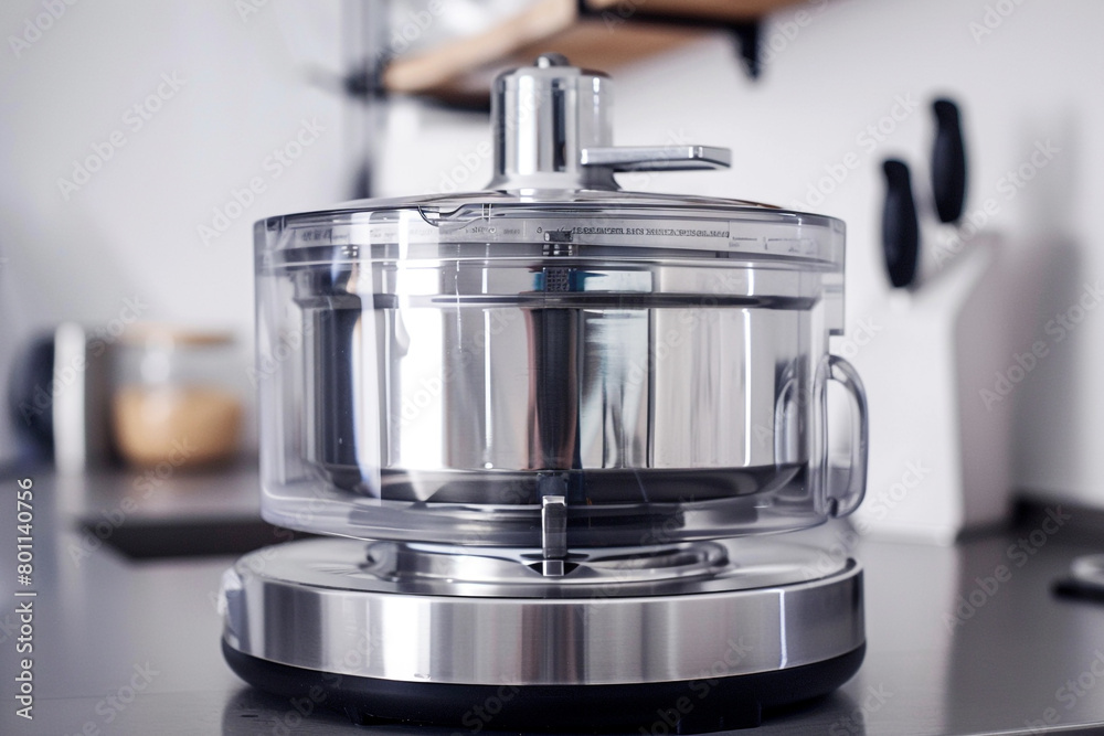 A stainless steel food processor with sharp blades, effortlessly chopping and blending ingredients. A stainless steel food processor with sharp blades, effortlessly chopping and blending ingredients.