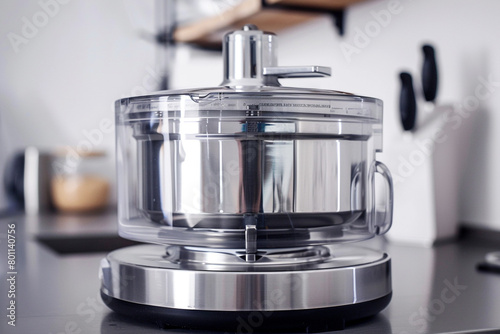 A stainless steel food processor with sharp blades, effortlessly chopping and blending ingredients.