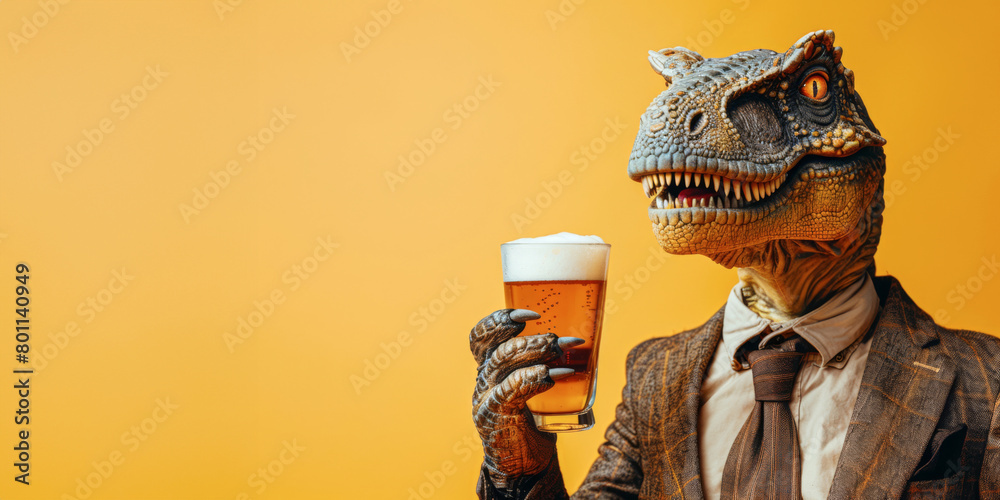 Naklejka premium Funny portrait of a dinosaur in a business suit with a glass of beer on a yellow background with space for text.