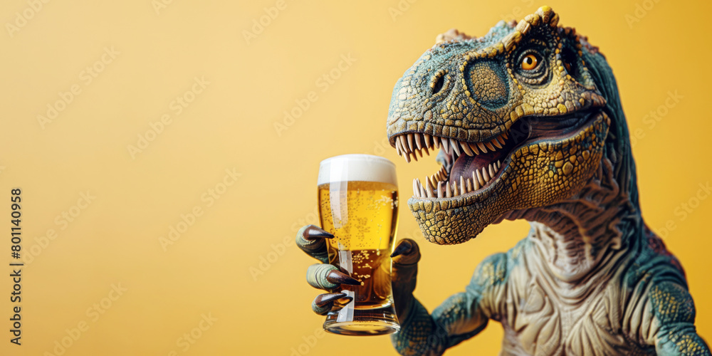 Obraz premium Funny portrait of brutal dinosaur with a glass of beer on yellow background with space for text. Close-up.