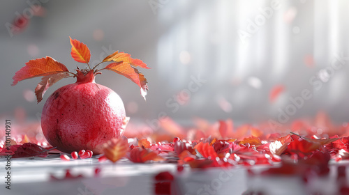   A tight shot of a pomegranate on a table, surrounded by dispersed leaves and petals photo