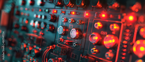 Close-up view of electrical panels with knobs and buttons for settings and many electronic components