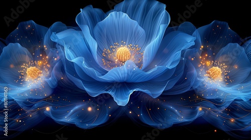   A tight shot of a blue bloom against a black backdrop, featuring a blue petals base and a sunny yellow center encircled by smaller blue blossoms photo