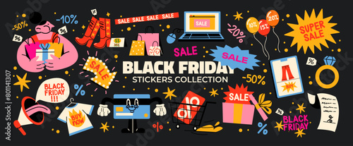 Cartoon black friday stickers. Retro stickers, patches labels for shopping, discounts, great deals. Set of promo offers in groovy vintage doodle acid style © Limpreom