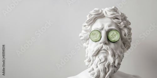 Statue of antique man with cucumber slices on eyes on white background. Concept of male beauty and self-care. Cosmetic banner.