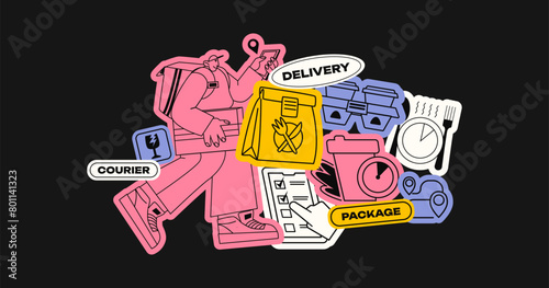 Delivery stickers. Collection of various labels, tags, stickers, stamps, food delivery, packaging. Cool hipster stickers in 90s style. Vector set, trandy promo labels