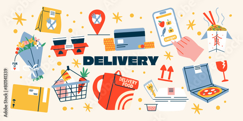 Delivery stickers. Collection of various labels, tags, stickers, stamps, food delivery, packaging. Cool hipster stickers in 90s style. Vector set, trandy promo labels