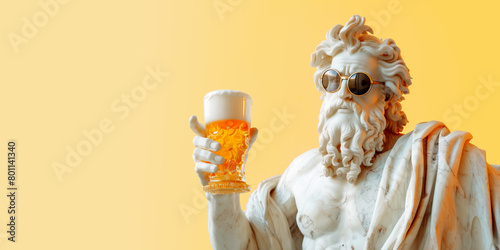 White sculpture of Zeus wearing sunglasses with a glass of beer in his hand on a yellow background with copy space.