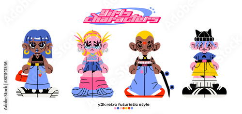 Retro cartoon girl character in Y2K style. Cyber girls with stars for 90s design. Collection of vector funky futuristic objects	