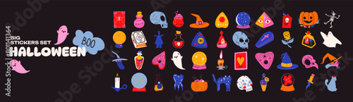 Big cartoon set halloween stickers of magic and witchcraft. 90s wild magic design. Ghosts, pumpkins, witches, skull,potion. Halloween retro doodle set