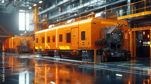 A train is parked in a factory. The train is orange and yellow