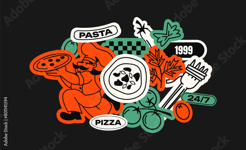Pizza delivery stickers, fast food restaurant in retro 90s style. Cartoon tags, labels, courier delivery patches. Italian food, design doodle elements for restaurant and cafe